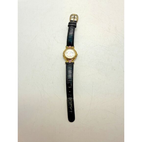 Vtg Fossil Women's Watch DR-2020 Mother of Pearl Face Pink Detail Black Leather - Picture 3 of 7